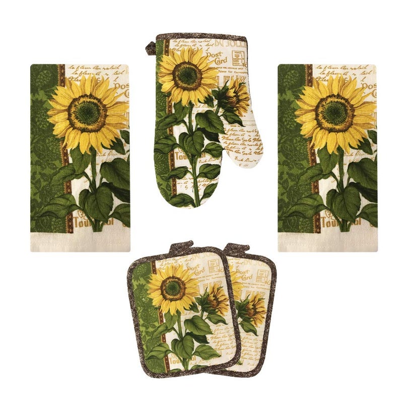 Lobyn Value Packs Kitchen Towel 5 Piece Linen Set 2 Towels 2 Pot Holders 1 Oven Mitt (Sunflower 2) - Image 1